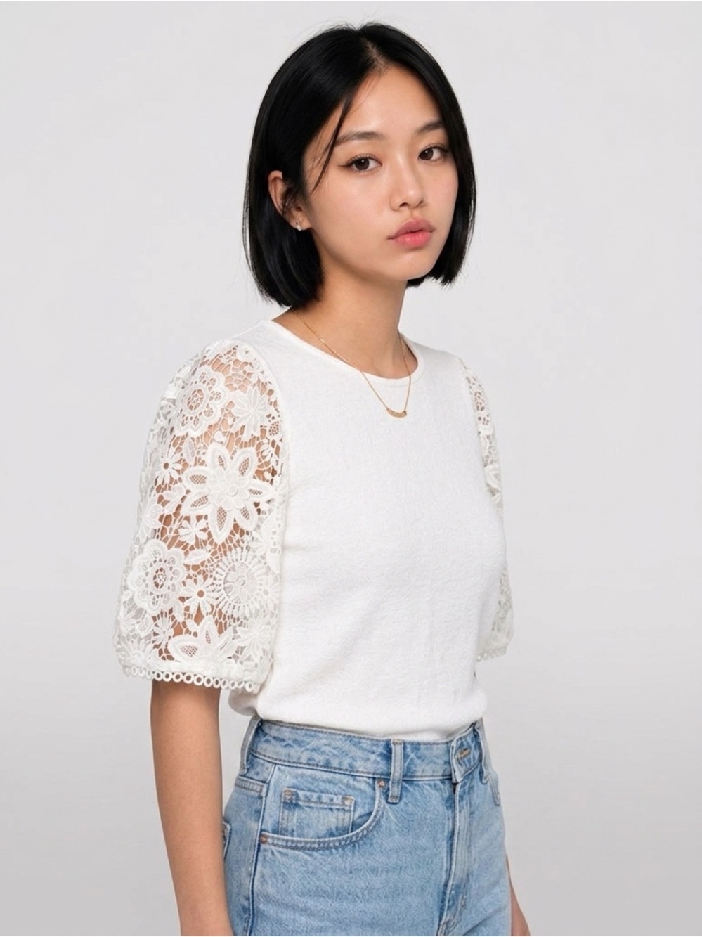 Lace Sleeve Women's White Top